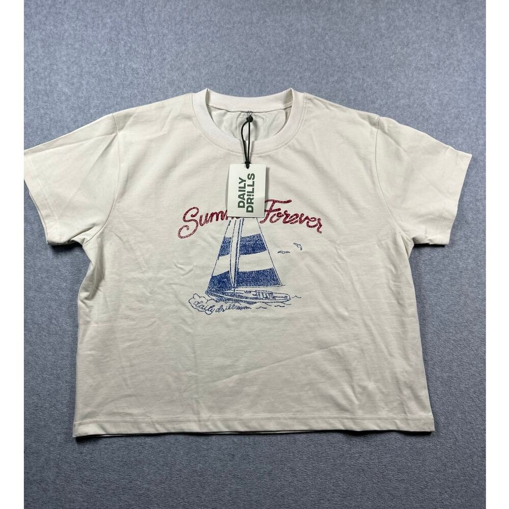 Daily Drills Summer Forever T-Shirt Women's SZ M/L Cream Sailboat Nautical Print